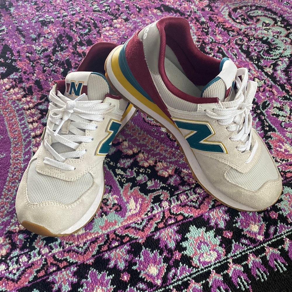 New Balance 574, maroon/teal/yellow, size 8.5